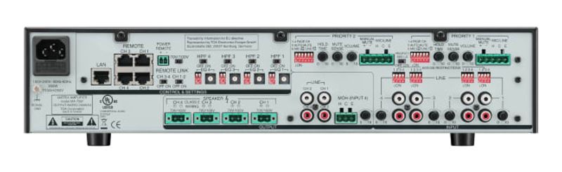 TOA Matrise mikser/forsterker, 4x 250W, 100V, 2Mic+4Line, 6x4mat